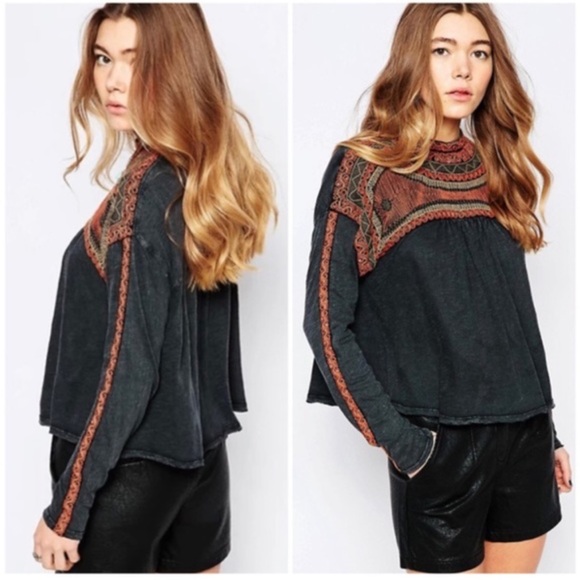 Free People Tops - Free People Snow Bunny Embroidered Swing Top in Black Mineral Wash Small